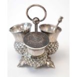 Victorian silver condiment stand and matching salt spoon.