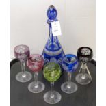 Continental blue glass decanter and five hock glasses