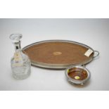Decanter; bottle coaster; and electroplate tray.