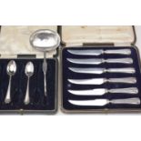 Set of tea knives; two spoons and toddy ladle, some cased.