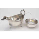 Silver bowl; and a plated sauceboat.