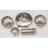 Miniature silver items, to include: a pair of shell pattern table salts, by E.G., Birmingham 1896; a