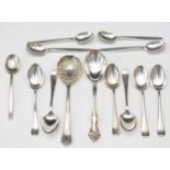 Two sets of teaspoons; and two plated fruit spoons.