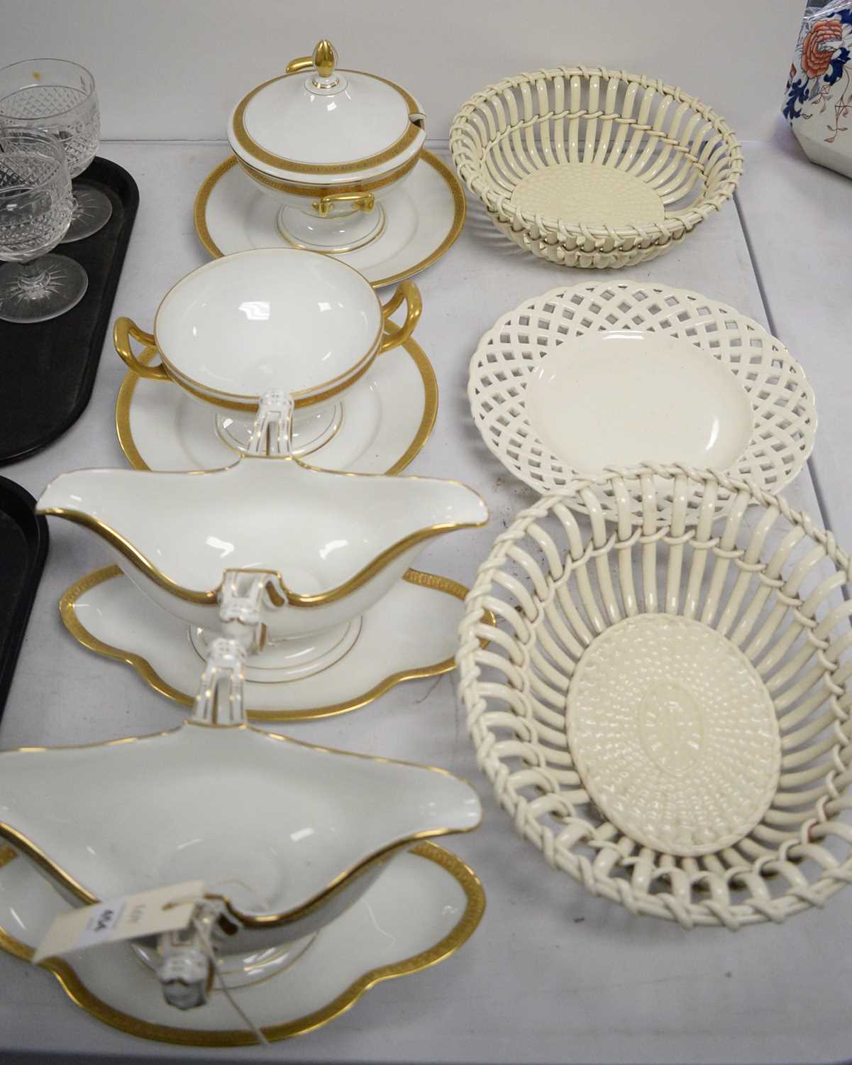 Pair of Rosenthal tureens and pair of sauce boats; and three Creamware dishes.