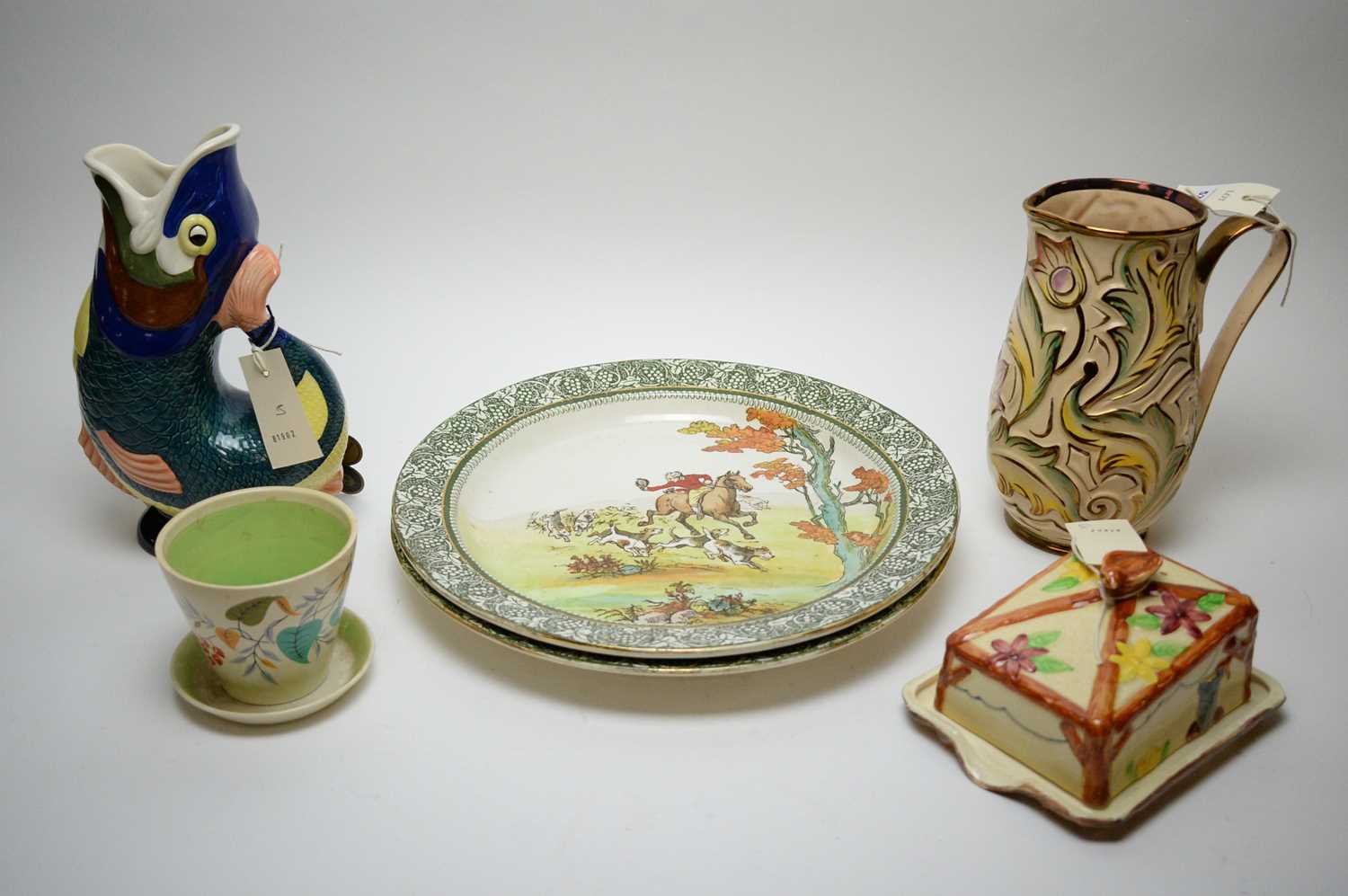 Dartmouth Devon gluggle jug, Wade planter, two Royal Doulton plates and a butter dish - Image 2 of 2