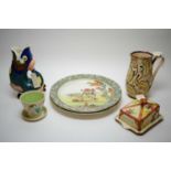 Dartmouth Devon gluggle jug, Wade planter, two Royal Doulton plates and a butter dish