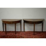 Two 19th C mahogany demi lune side tables.