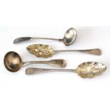Two George III silver tablespoons; and two silver sauce ladles.