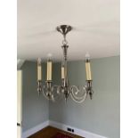 Pair of five-light chandeliers; and matching pair of three-branch chandeliers.