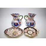 Pair of Masons Ironstone jugs; RC Derby dish; and another dish.