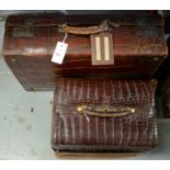 Early 20th C crocodile skin travel trunk; and an alligator skin doctor's bag.
