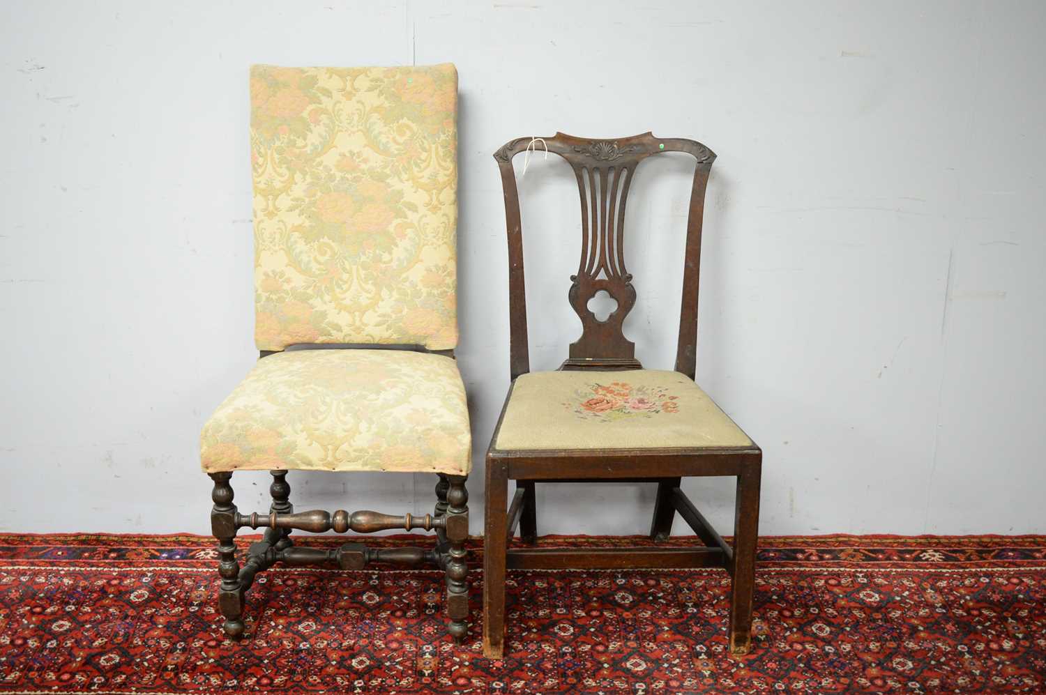 19th C dining chair; and a 19th C high back chair.