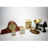 Weighing Scales, weights and pan; four clocks; and pair of postal scales.