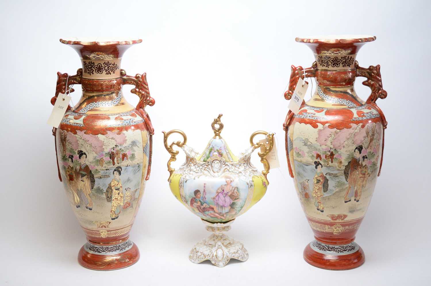 Pair of 20th C Satsuma vases; and another vase. - Image 2 of 8