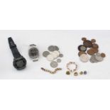 Seiko watch, Cassio watch; jewellery; lapel badges and coinage.