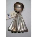 A set of six silver soup spoons.