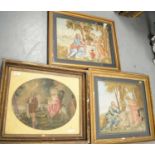 Three gilt framed needlework pictures.