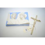 19th C carved bone crucifix; and an Italian ceramic plaque.