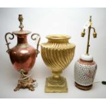 19th C tea urn as table lamp; ginger jar as table lamp; and a vase.