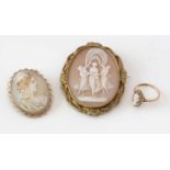A ring; and two cameo brooches.