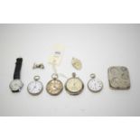 A selection of watches and other items, to include: three silver-cased open-faced pocket watches;