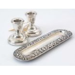 Pair silver dwarf candlesticks; and an American silver pen tray.