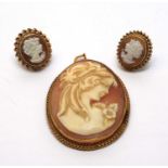 Carved shell cameo pendant and earrings