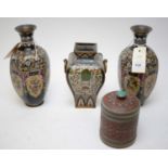 Pair of Japanese cloisonne vases; Champleve vase; and Royal Doulton tobacco jar.