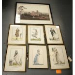 A set of framed French fashion prints and two other prints.
