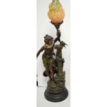 A bronzed spelter figural lamp,