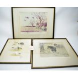 A colour etching after Henry Wilkinson and two framed hunting prints.