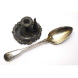 Silver chamber candlestick and tablespoon