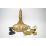 Brass eagle light fitting, a wall sconce and a cherub figure.