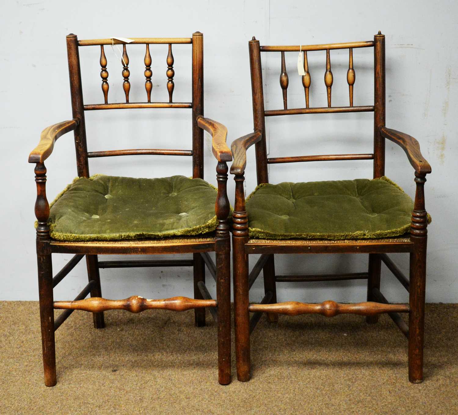 Two elm rush woven dining chairs