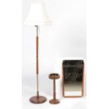 Mid-century framed mirror, smoker's stand; and brass-bound lamp standard.