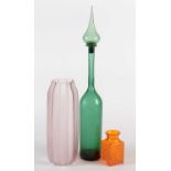 Whitefriars vase, green decanter and stopper an a pink glass vase