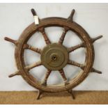 Late 19th/early 20th C oak and brass ship's wheel.