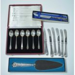 Silver cutlery including a cased set of novelty "Silver Hallmark" teaspoons.