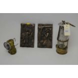 Eccles brass miners lamp, a pair of wall plaques and another