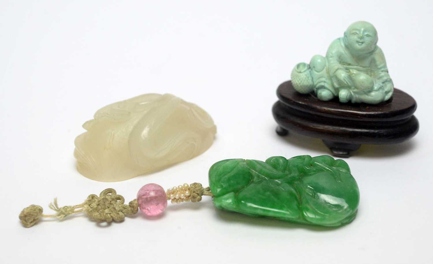 Chinese turquoise figure; jadeite pendant, hardstone cup