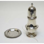 A George VI silver sugar caster retailed by Harrods, and a silver pin dish.