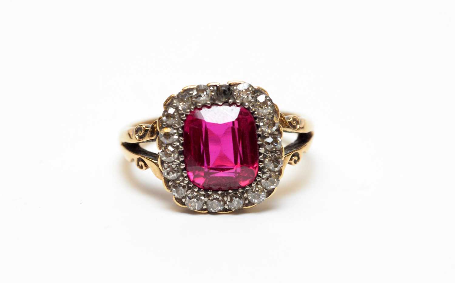 A yellow metal, diamond, and synthetic ruby ring. - Image 4 of 4