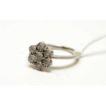 A diamond and 9ct white gold flowerhead cluster ring.