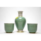 Royal Copenhagen crackle glaze vase and two tea cups