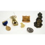 Objects of Vertu including a Mauchline Ware badge and miniature carved agate dog.