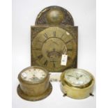 Two ships clocks and a longcase brass dial