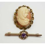 A 9ct gold, amethyst, and pearl bar brooch, and a cameo brooch.