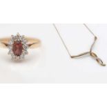 A diamond and garnet cluster ring, together with a 9ct yellow gold and diamond set pendant.