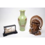 Chinese vase, Chinese cork diorama and a Balinese bust