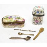 Collectors' items, including an enamelled porcelain patch box.